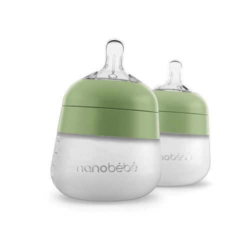 Image of Nanobebe Flexy Silicone Baby Bottle, Anti-Colic, Natural Feel, Non-Collapsing Nipple, Non-Tip Stable Base, Easy to Clean 2-Pack, Sage, 5 oz
