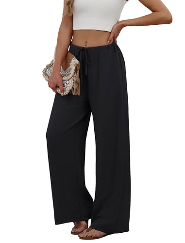 Image of Sampeel Wide Leg Pants for Women Flowy Palazzo Drawstring Elastic Waist Trousers with Pockets Summer Beach Vacation Clothes