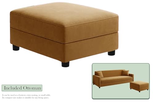 Image of Wooden Three Seater Sofa Set Comfortable Velvet Fabric Sofa Set with Ottoman Modern Space-Saving Design for Living Room, Office & Guest Room, Elegant Finish - Golden Color