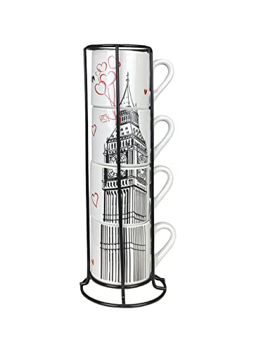 IlGruppone Set 4 Tazzine da Caffé Impilabili Moderne in Porcellana Gres con Supporto Collezione Città Tazza con Gift Box Tazza Lavastoviglie Microonde - Londra