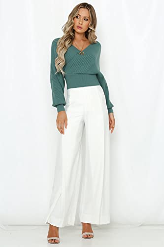 Image of ZAFUL Womens V Neck Cropped Wrap Sweaters Drop Shoulder Lantern Sleeve Pullover Tops Winter Sexy Cross Ribbed Clothes