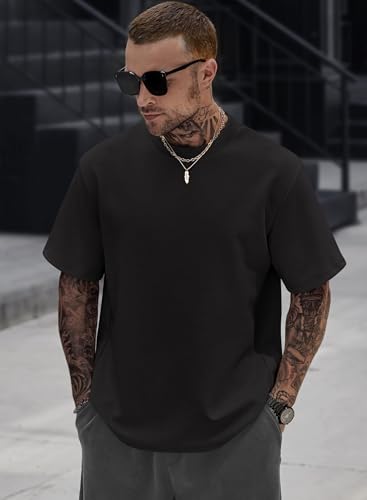 Image of Herberton Mens Oversized T-Shirts Heavyweight Cool Cotton Crew Neck Stretch Fashion Summer Thick Tee Tops Black L