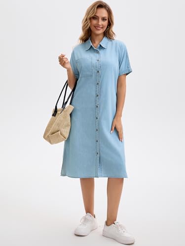 Image of Women's Midi Denim Dress Summer Short Sleeve Button Down Casual Loose Long Tunic Jean Shirt Dress