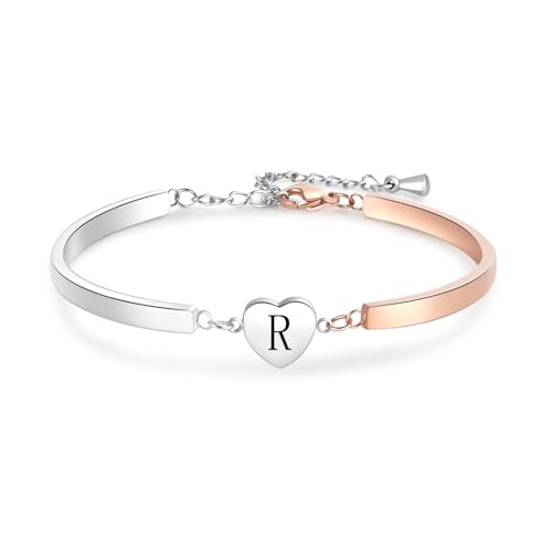 LSxAB Rose Gold and Silver Heart R Letter Bracelets for Women Personalized Name Initial Bangle Bracelet Jewellery Birthday Gifts
