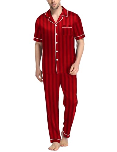 Image of SWOMOG Mens Satin Pajama Set Short Sleeve Classic Sleepwear Button Down Silky Loungewear with Long Pants