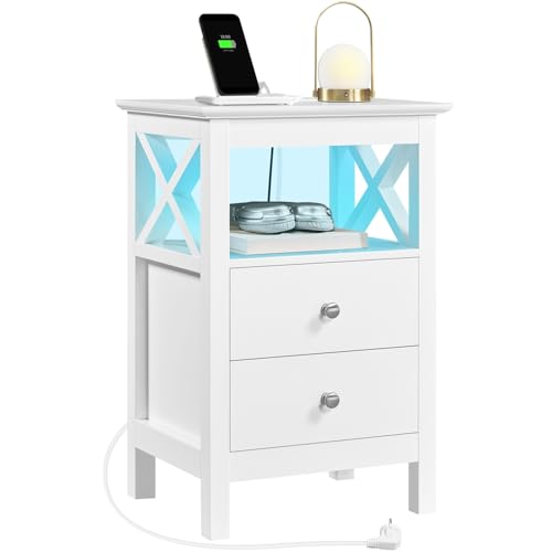 Yaheetech Mesita de Noche con Luces LED y Estación de Carga 2 Tomas AC 2 Puertos USB Mesilla de Noche con 2 Cajones y Estante Mueble de Noche Blanca 40x30x60 cm