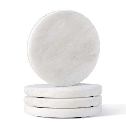 Koville Marble Coaster Set of 4, Round White Coasters, 4" Cup Coasters for Drinks, Heat Resistant Coaster for Coffee Table Home Office Bar Decor(Namib Fantasy)