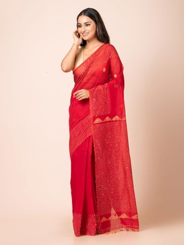 Image of Handloom Muslin Tissue Jamdani Cotton Silk Saree with Sequins Blouse