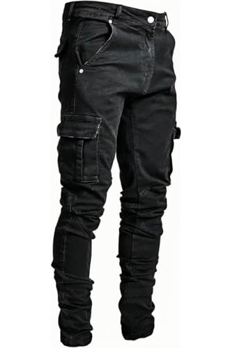 ABSECAI Mens Fashion Slim Fit Skinny Hip Hop Cargo Straps Jeans