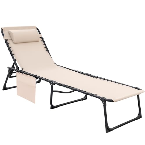 Flamaker Foldable Chaise Lounge Chair 5-Position Adjustable, Tanning Chair with Side Pocket, Outdoor Sunbathing for Pool, Beach, Patio, Lawn, Indoor Recliner Chair for Napping(Beige, 1 Pcs)