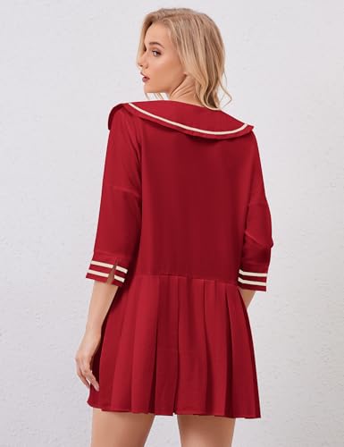 Image of Women Cute Ruffle Tunic Mini Dress Summer Pleated Babydoll Shirt Dress Casual Loose V Neck 3 /4 Sleeve Short Sundress