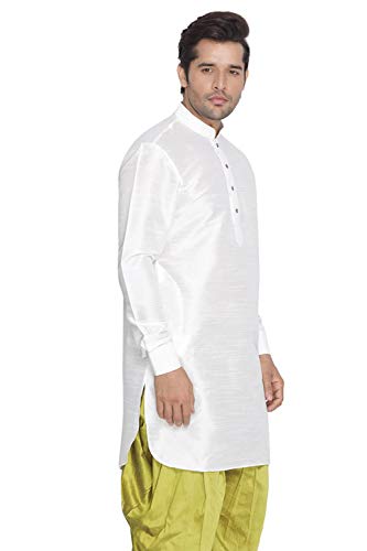 Image of Vastramay Men's Gold Curved Shape Pathani Style Silk Cotton Kurta - Mid-Length with Buttoned Cuff, Soft & Comfortable Ethnic Wear