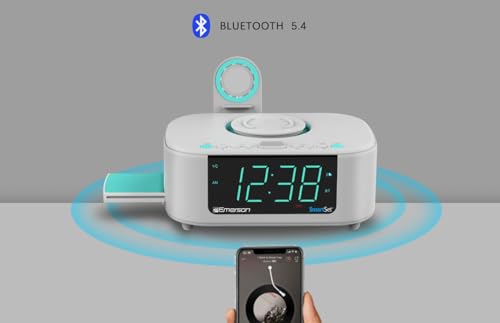 Emerson CKSW5010 Smartset Wireless Charging, Dual Alarm FM Clock, Bluetooth Radio/Speaker, 15W for Ultra-Fast Charging, 3W Retractable Port for Air Pods, White by Emerson - Image 2