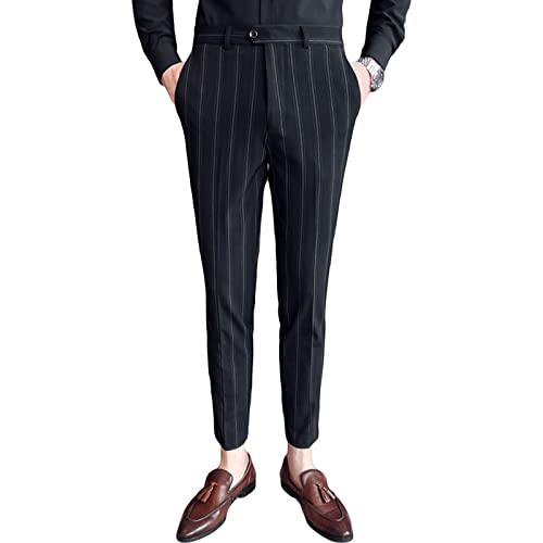 Men's Striped Pants Nine-Pants Slim Fit Flat Front Business Trousers Stretch Dress Pants Skinny Suit Pants (33,Black)