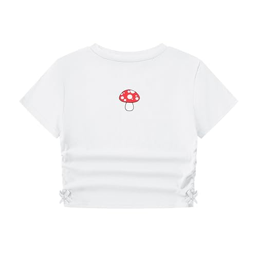 Image of Girl's Graphic Crop Top Summer Tee Drawstring Side Tie Knot Hem Round Neck Short Sleeve T-Shirts