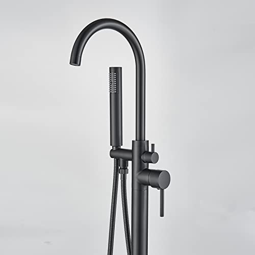 Freestanding Bathtub Faucet Matte Black Floor Mounted Tub Filler with Hand Shower 360 Degree Swivel Standing Spout Brass High Flow Mixer Taps