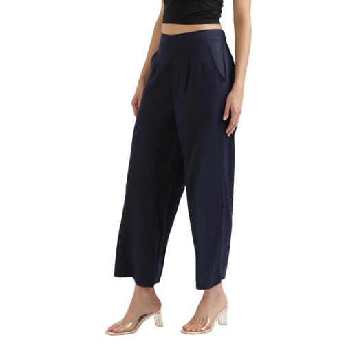 Image of SAADAA Palazzo Pants for Women Half-Elasticated Waistband | Palazzo for Women in Soft Viscose Fabric | Regular Fit with Mid Rise Waist & Deep Pockets | Versatile for Formal & Casual Wear