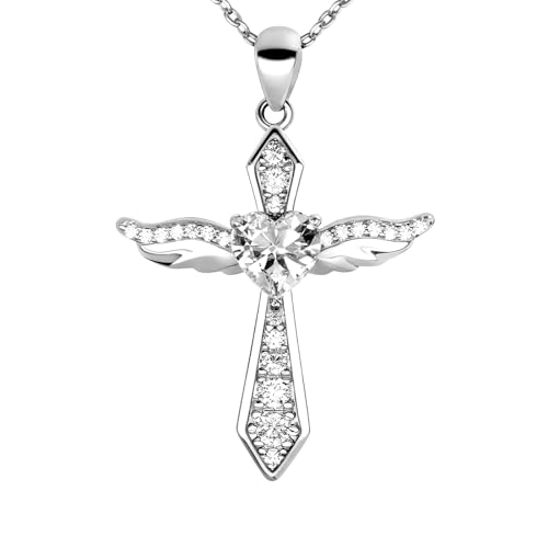 Lovans Cross Necklace for Women 925 Sterling Silver Dainty Angel Wings Cross Pendant Necklaces with 22+2In Adjustable Chain