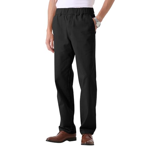 Soojun Men's Cotton Relaxed Fit Full Elastic Waist Twill Pants, Black, 38W x 30L