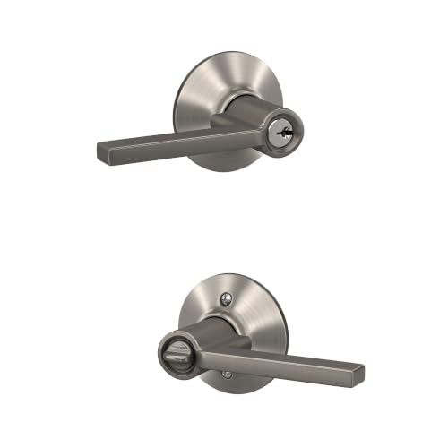 Image of SCHLAGE Latitude Keyed Entry Door Handle, Reversible, Satin Nickel | Keyed entry lever door handle with turn-button lock, Easy to install, Certified security & durability, Universal fit, 2 keys