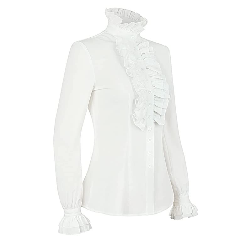 Camisas Mujer Manga Larga,Dames Vintage Victoriaanse Dubbele Ruches Shirt Blouse, Witte Opstaande Kraag Lange Mouwen Button-Down Tuniek Top Middeleeuwse Gotische Lolita Halloween Cosplay SH