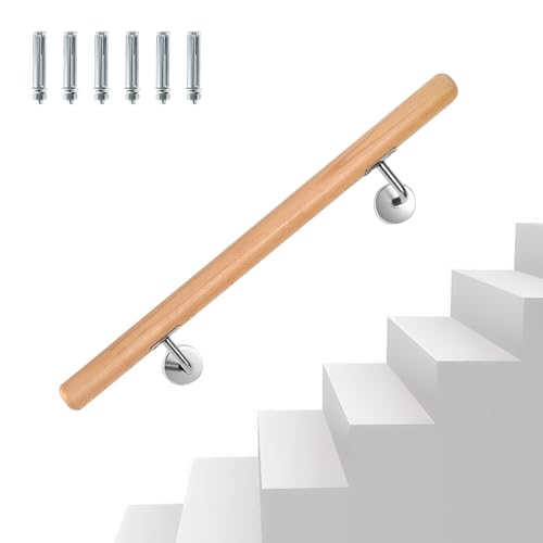 Eikuavons Pasamanos de madera de haya, 100 cm, pasamanos de pared, escaleras con soporte de pared y tapas finales, pasamanos de madera antideslizante, barandilla para escaleras, balcón, redondo, 42 mm