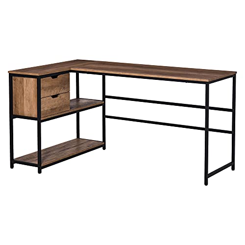 Image of L Shaped Home Offie Computer Desk with Storage Shelves, 2 Dawers and Industrial Steel e, Black,Brown