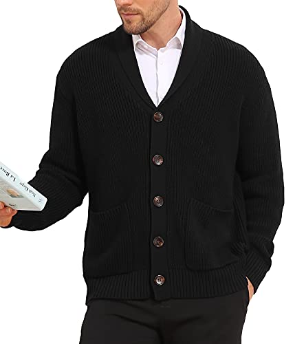 NITAGUT Mens Cardigan Sweater Long Sleeve Comfortable Shawl Collar Cardigan Sweater Stylish Cable Knit Button up Sweater with Two Pocketsï¼ŒBlackï¼ŒXL