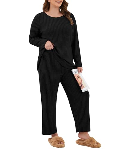 TIANZHU Bequeme Damen Schlafanzug Großgrößen Rippstrick Langarm Pyjama Weitschnitt Lounge Set Kuschelweich Schwarz EU 48