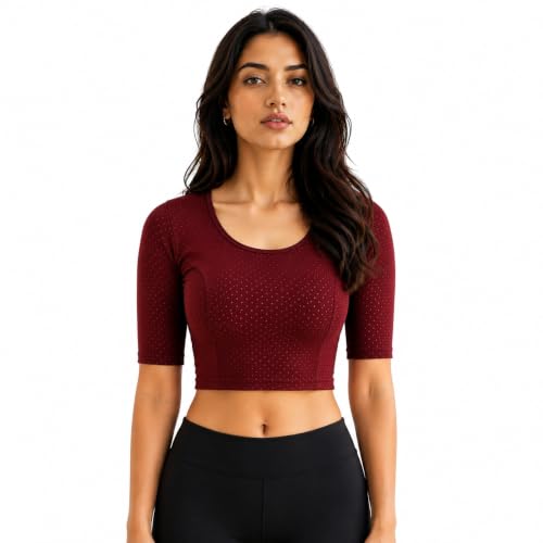 Image of Fressia Fabrics Pure Cotton 4-Way Stretch Readymade Blouse for Women | Free Size to 4XL Stretchable Round Neck Dobby Cotton Half Sleeve Readymade Saree Blouse for Women Stylish