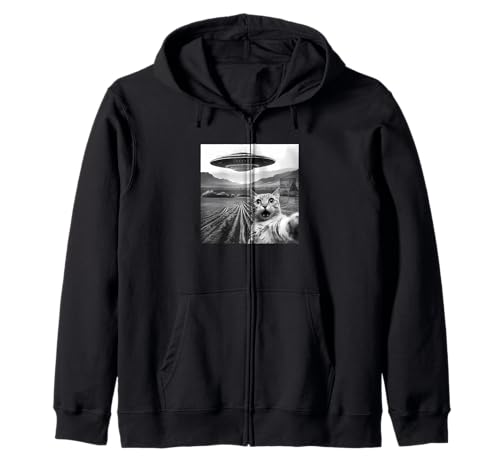 Funny Area 51 UFO Cat Selfie con gatto alieno UFO Meme Strano Felpa con Cappuccio