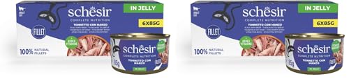 Schesir Atún con Ternera en Gelatina, Comida Húmeda Completa para Gatos, en Latas, 100% Natural, con Vitaminas Añadidas, 6 x 85g (Paquete de 2)
