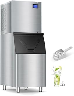 Commercial Ice Maker Machine: 500lb Daily Output, 350lb Large Capacity Storage, 156Pcs Ice Cubes in 6-15 Mins - Stainless Steel Large Ice Maker for Restaurant, Bar, Cafe