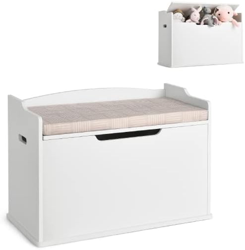 Maxmass Wooden Kids Toy Box, 2-in-1 Children Storage Chest with Cushion, Lid and Safety Hinges, Toddlers Organizer Cabinet Bench for Living Room, Bedroom, Playroom