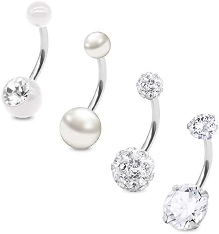 MODRSA 14 Gauge Belly Button Bars Stainless Steel Crystal Ball Cubic Zirconia Pearl Women Navel Rings Belly Bar 10MM Belly Rings