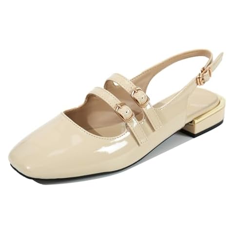 BOTRENT Women's Patent Leather Low Block Heel Mary Jane Sandals with Adjustable Ankle Straps Closed Square Toe Slingback Chunky Heel Pumps for Daily Work Prom Evening Dating (Apricot Color,8.5) Cover