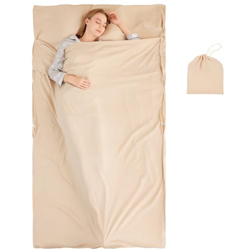 RHINSBENF Sleeping Bag Liner Camping Adult Sleep Sack Lightweight Travel Sheet for Hotel Bed Compact Ultralight Essential Cleaning Supplies Kit Travel Bedding Set for Backpacking (Sandy & Single)