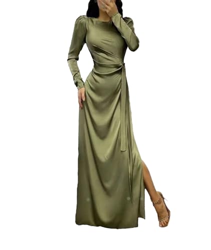 xxxiticat Women's Satin Long Dress Long Sleeve Puff Shoulder Crew Neck Tie Up Waist Ruched High Slit Maxi Slip Dresses