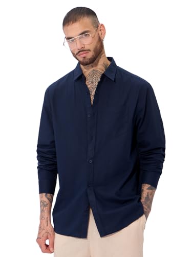 Image of The Souled Store Bold Black Men and Boys Long Sleeve Collared Neck Buttoned Front Regular Fit Cotton Linen Shirts