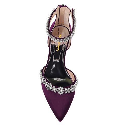 Image of XYD Women Classic Pointed Toe D'Orsay Wedding Flat Sandals Sparkly Rhinestones Ankle Strap Low Heel Dress Shoes with Zipper