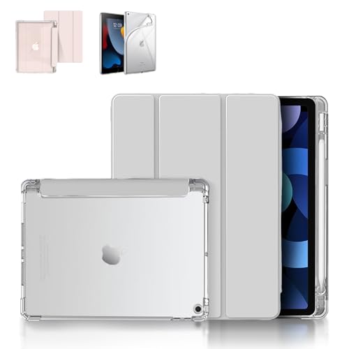 『Masinca』iPad ケース iPad 10.2インチ ペンシル収納付き 三つ折 (2021/2020/2019モデル)第9世代/第8世代/第7世代 保護カバー クリアバックケース 自立スタンド・オートスリープ機能 軽量・薄型・ハードタイプ 手帳型 全面保護型 傷つけ防止 (グレー)