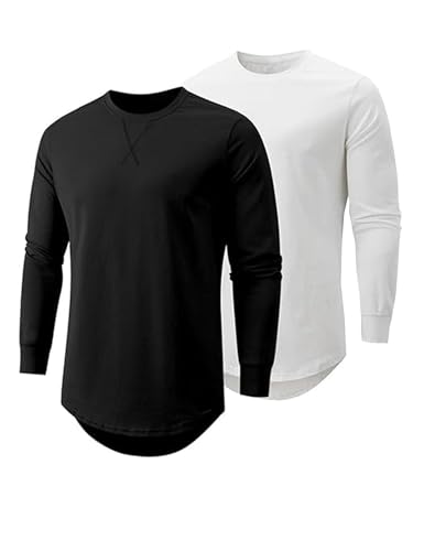 Wayleb Herren Shaped Long Tee T-Shirt Baumwolle Rundhals Longshirt Leicht Langarmshirt Casual Longline Longsleeve Dünn Pullover T Shirts Einfarbige Oberteile, Schwarz Weiß Dunkles Heidegrau L