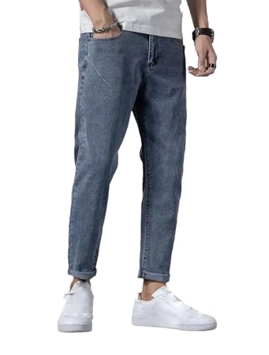 Men’S Fashion Solid Patchwork Straight Denim Pants Slim Fit Elastic Waist Lightweight Casual Wear Button Detail Jeans
