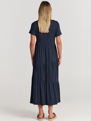 Image of ANRABESS Women Summer Maxi Dress Short Sleeve Swing Casual Asymmetric Tiered Vacation Long Beach Sundress Outfits Navy Blue Small