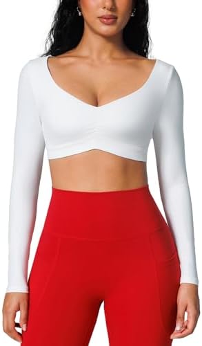 BRXL Long Sleeve Crop Tops for Women Built in Bra Padded Yoga Shirts Deep V Neck Buttery Soft Slim Fit Workout Pilates Gym