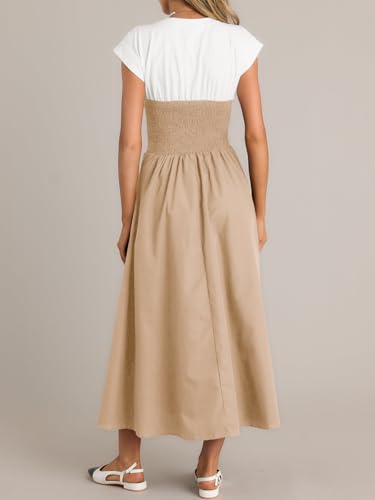 Image of Wenrine Womens Casual Summer Midi Dress Smocked Cap Sleeve Crew Neck Color Block A Line Flowy Beach Dresses