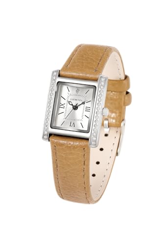 ALCENTIS - Montre Femme rectangulaire Bracelet Cuir - mécanisme à Quartz - Bordures du Cadran serties de Petits Cristaux décoratifs (Bracelet Beige)