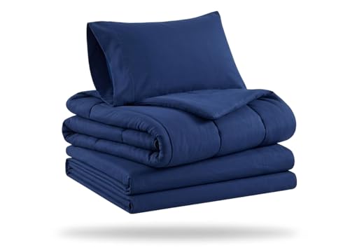 Image of EVERYDAY KIDS 4 Piece Toddler Bedding Set - Includes Comforter, Flat Sheet, Fitted Sheet and Reversible Pillowcase - Solid Navy