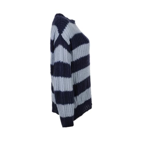 Autumn/Winter Striped Medium length Sweater, Suitable for Girls, Long Sleeve Round Neck Casual Loose Hoodie, Blue4