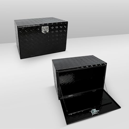 confote 36"x 22"x 24" Heavy Duty Aluminum Stripes Plated Tool Box Underbody Truck Box Pick Up Truck Bed RV Trailer Toolbox Waterproof Square Storage Organizer with Lock and Keys-Black
